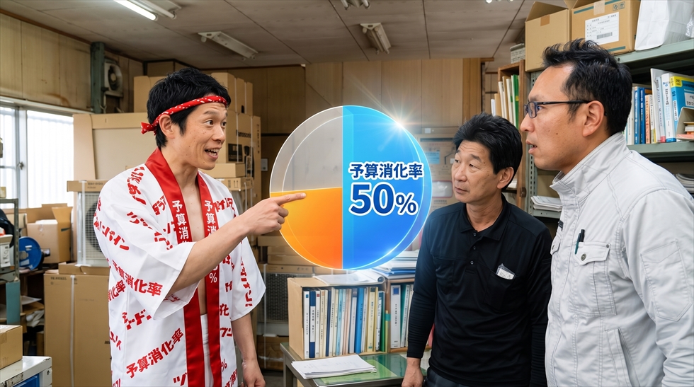給湯省エネ2026事業の予算消化率が50%に到達した状況を確認するスタッフ。