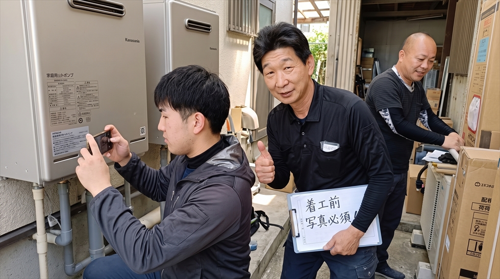 補助金申請の対象外とならないよう、着工前に既設給湯器の型番銘板や設置状況をスマートフォンで確実に撮影・確認するチカラもち宮崎店の施工スタッフ。