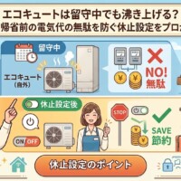 【2026年最新】エコキュートは留守中でも沸き上げる？旅行・帰省前の電気代の無駄を防ぐ休止設定をプロが解説