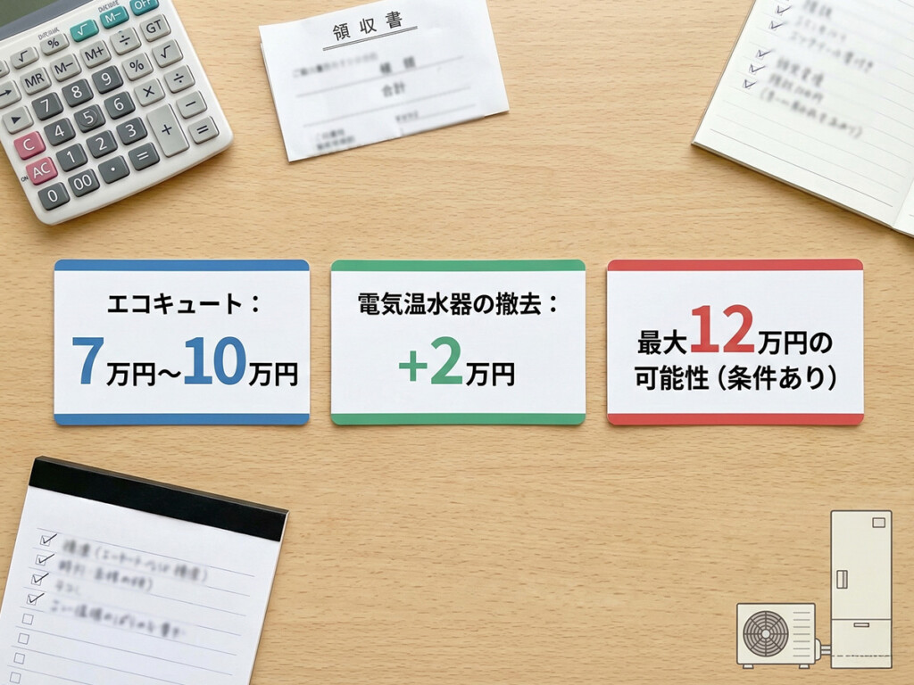 給湯省エネ2026の補助額の目安（7万・10万・＋2万）を整理した図解イメージ