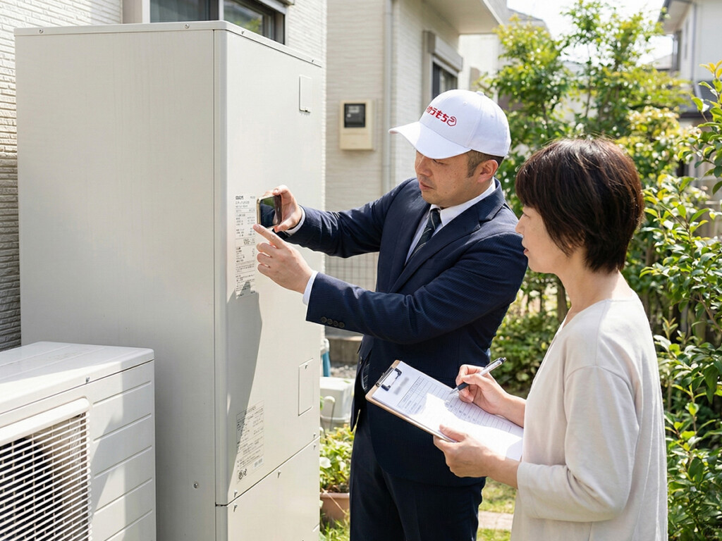 エコキュートの型番ラベル付近を確認する様子