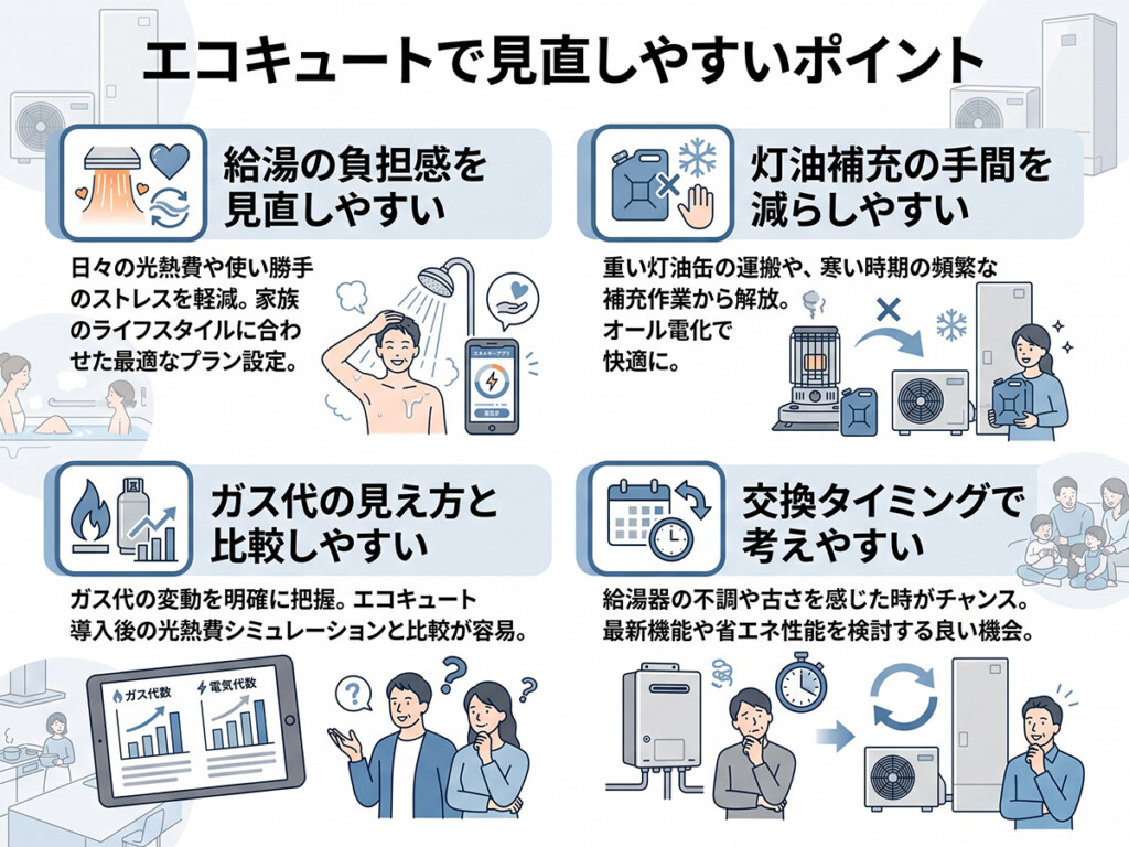 エコキュートで見直しやすいポイントを整理した図解
