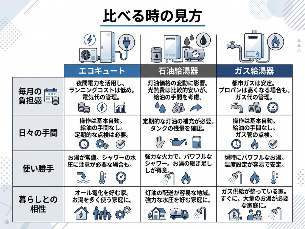 エコキュートと石油給湯器とガス給湯器を比べる時の見方を整理した図解