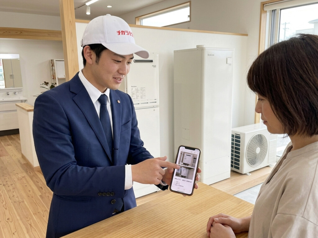 エコキュートの電気代や光熱費比較を相談する前にスタッフと準備内容を確認しているイメージ