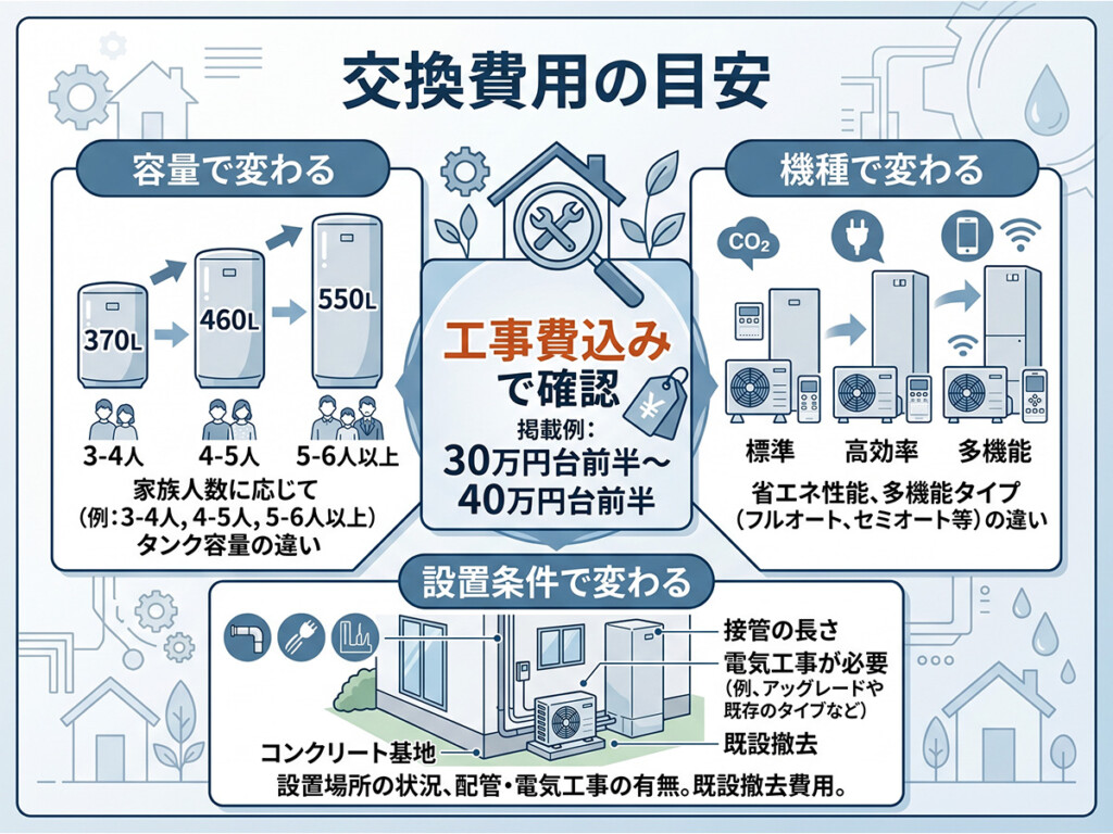 金沢市で見るエコキュート交換費用の目安を整理した、文字ありの高品質イラスト。見出しは「交換費用の目安」。大人向けの住宅設備コラム向け図解として、中央に「工事費込みで確認」を配置し、その下に「掲載例：30万円台前半〜40万円台前半」と分かりやすく表示する。さらに、周囲に「容量で変わる」「機種で変わる」「設置条件で変わる」の3要素を整理して配置する。単純に安さを強調する広告風ではなく、相場の見方を落ち着いて説明する実務寄りデザインにする。白背景ベース、青・グレー中心、読みやすいタイポグラフィ。子供向けではない。4:3。