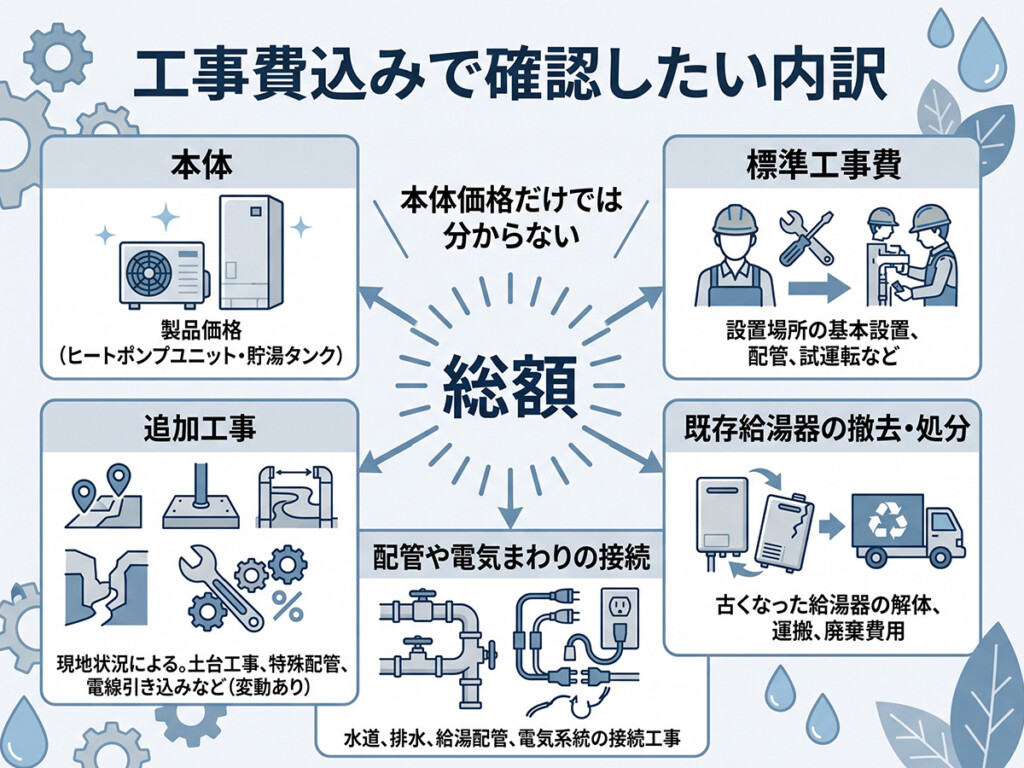 エコキュート交換の工事費込みで確認したい内訳を整理した、文字ありの高品質イラスト。見出しは「工事費込みで確認したい内訳」。大人向けの住宅設備コラム向け図解として、中央に「総額」を配置し、その周囲に ・本体 ・標準工事費 ・既存給湯器の撤去・処分 ・配管や電気まわりの接続 ・追加工事 の5項目を分かりやすく配置する。単なる値段表ではなく、「本体価格だけでは分からない」ということが伝わる構成にする。白背景ベース、青・グレー中心、読みやすいタイポグラフィ。子供向けではない落ち着いたデザイン。4:3。