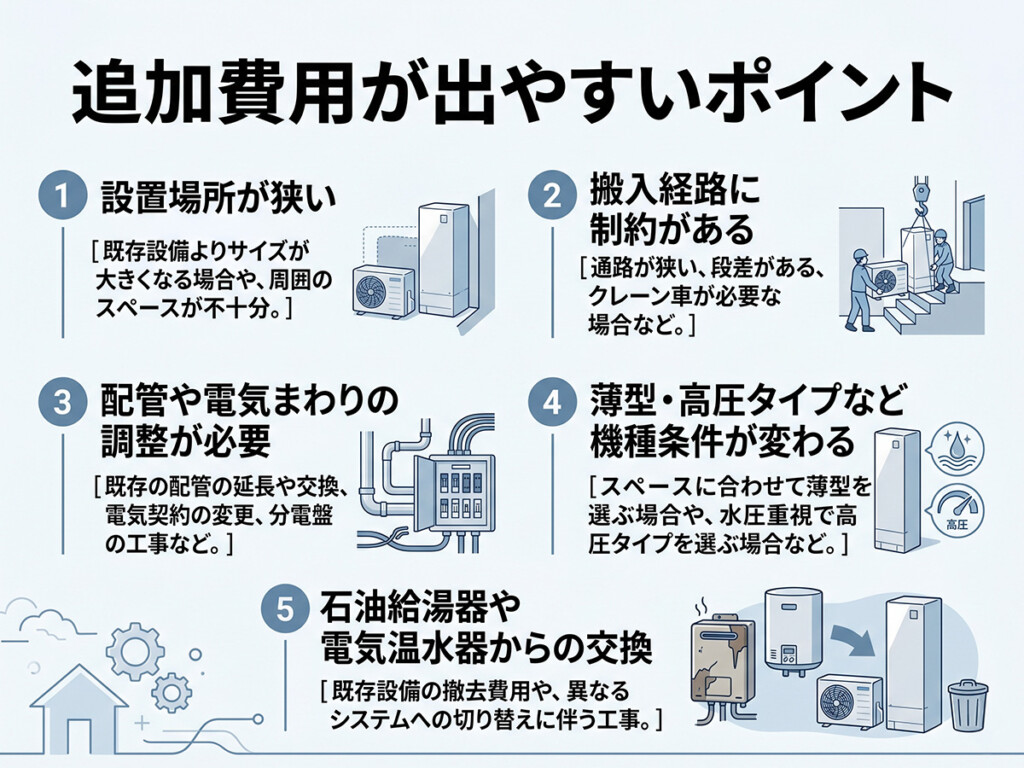 エコキュート交換で追加費用が出やすいポイントを整理した、文字ありの高品質イラスト。見出しは「追加費用が出やすいポイント」。大人向けの住宅設備コラム向け図解として、次の5項目を分かりやすく表示する。 ・設置場所が狭い ・搬入経路に制約がある ・配管や電気まわりの調整が必要 ・薄型・高圧タイプなど機種条件が変わる ・石油給湯器や電気温水器からの交換 項目ごとに小さな説明イラストを添えて、住宅設備の確認ポイントとして見やすく整理する。白背景ベース、青・グレー中心、読みやすいタイポグラフィ。子供向けではない、実務寄りで落ち着いたデザイン。4:3。