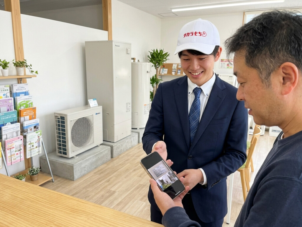 エコキュート交換の見積もり前に準備したいことをスタッフと確認している場面。日本人の20代前半のチカラもち富山店スタッフ1名、清潔な濃紺スーツ、白シャツ、ネクタイ着用、ロゴが入った白い帽子をかぶっている。帽子のロゴは参照画像をもとに自然に反映。明るく清潔な店舗内で、スタッフがお客様のスマホ画面や印刷した写真を見ながら、型番・設置写真・気になっている点を確認している構図。背景にはエコキュート展示機が2台ほど自然に見える。円筒の電気温水器を想像させる素材は入れない。向かい合って重く商談する雰囲気ではなく、立ったまままたはカウンター横で気軽に確認している自然な場面。文字なし。高品質、実写寄り、4:3。住宅設備コラム向け。