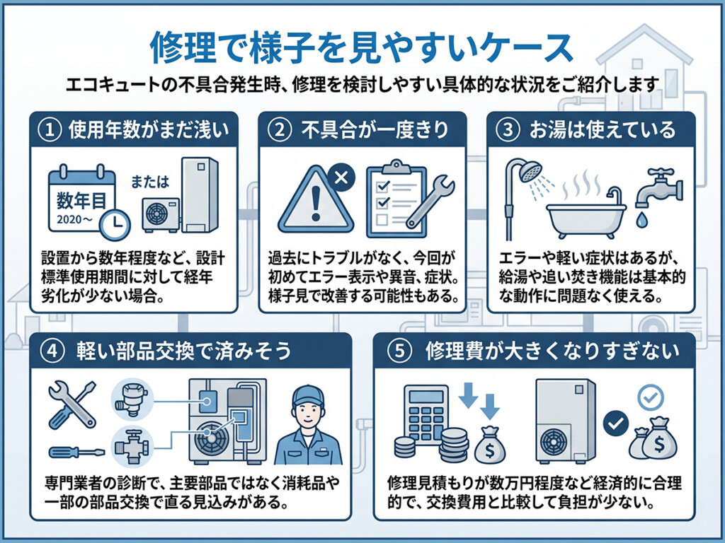 エコキュートで修理で様子を見やすいケースを整理した図解