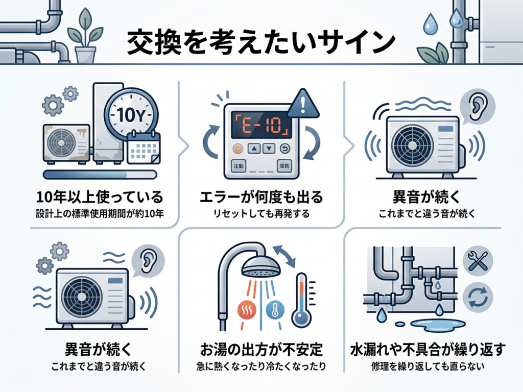 エコキュートで交換を考えたいサインを整理した図解