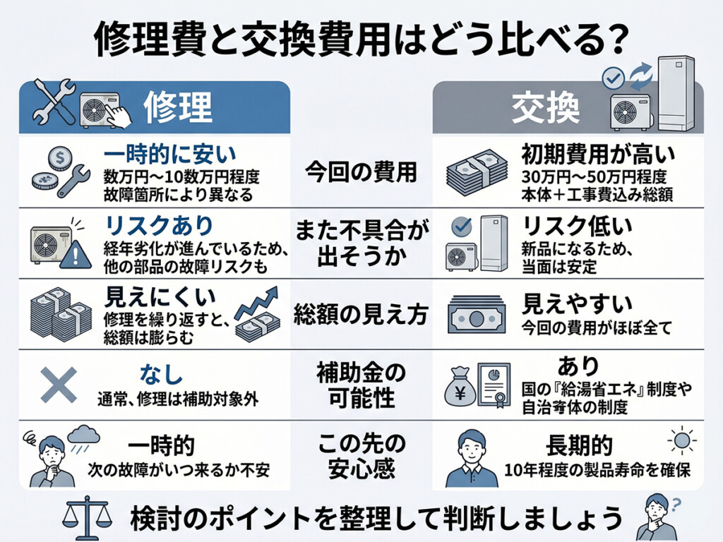 エコキュートの修理費と交換費用を比べる時の見方を整理した図解