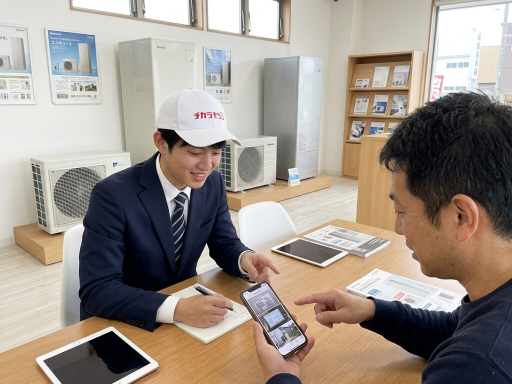エコキュートの修理か交換かを相談する前にスタッフと準備内容を確認しているイメージ