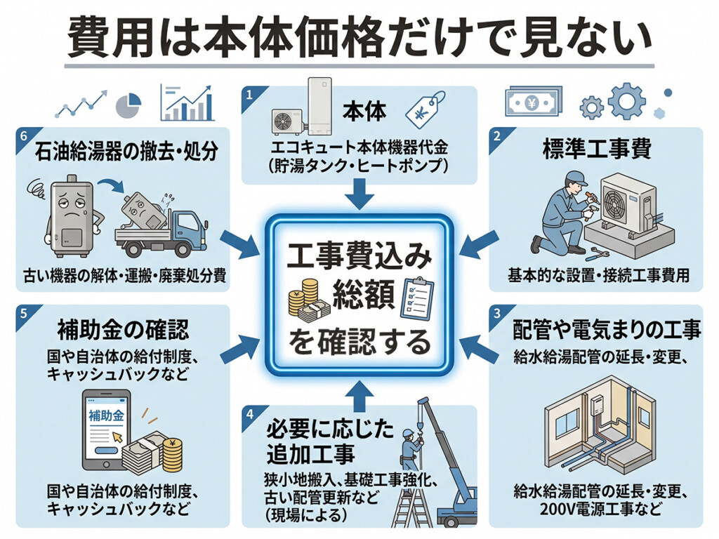 石油給湯器からエコキュートへ替える時の費用の見方を整理した図解