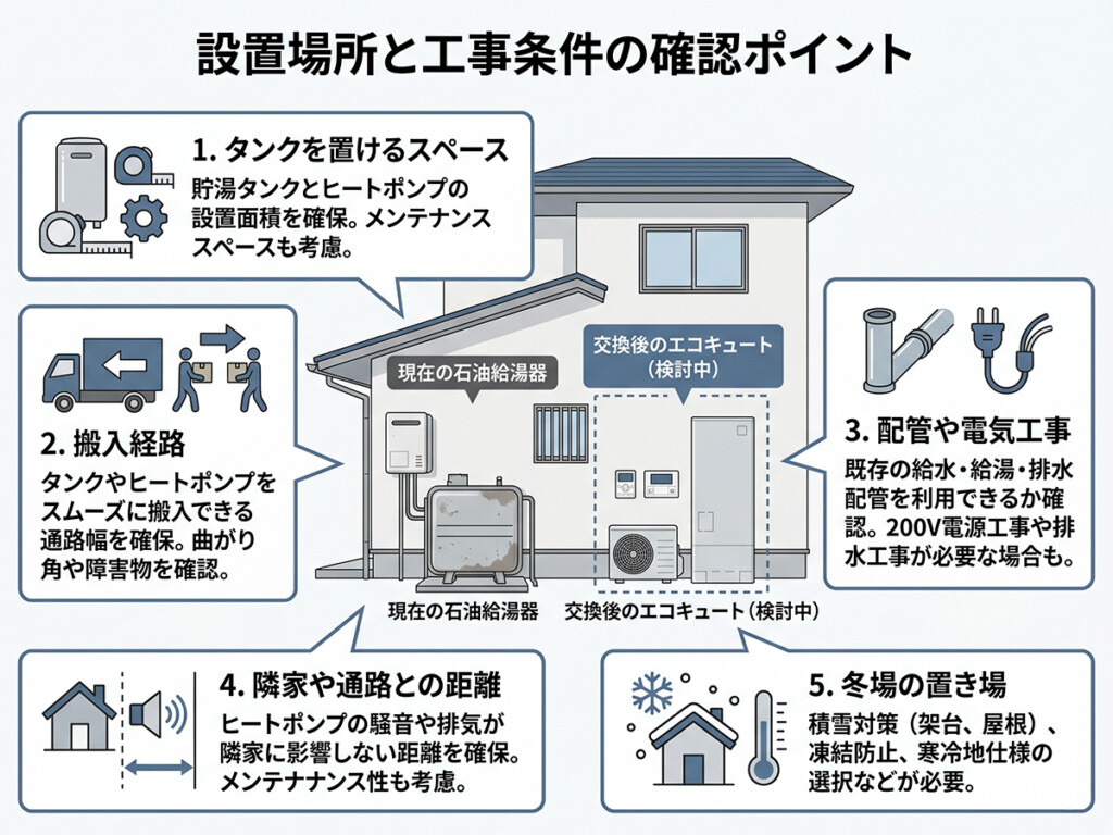 石油給湯器からエコキュートへ交換する時の設置場所と工事条件を整理した図解