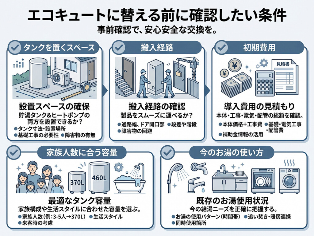 石油給湯器からエコキュートへ替える前に確認したい条件を整理した図解