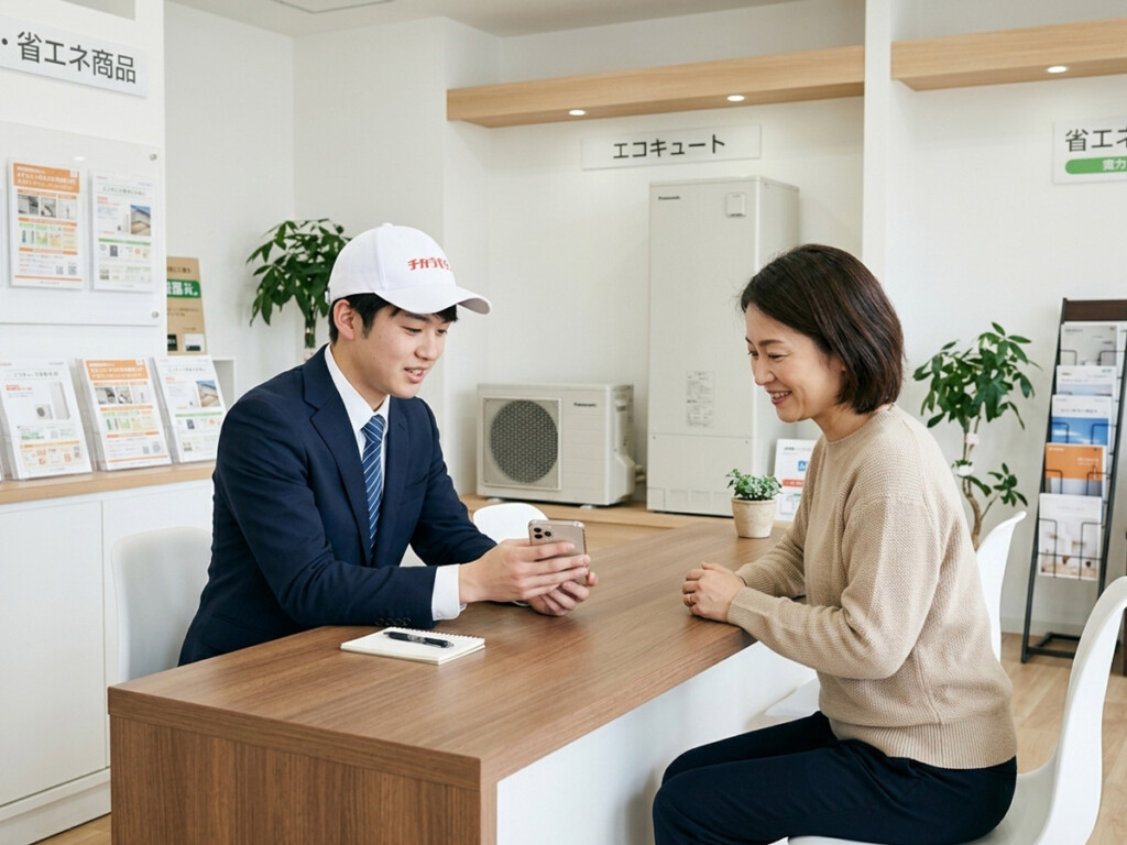 石油給湯器からエコキュートへの交換前にスタッフと準備内容を確認しているイメージ