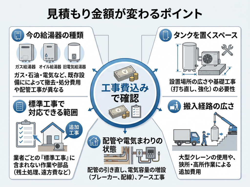 エコキュート交換の見積もり金額が変わりやすい理由を整理した図解