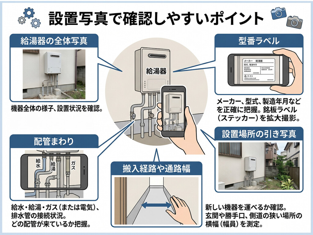 エコキュート交換前に送ると確認しやすい設置写真のポイントを整理した図解