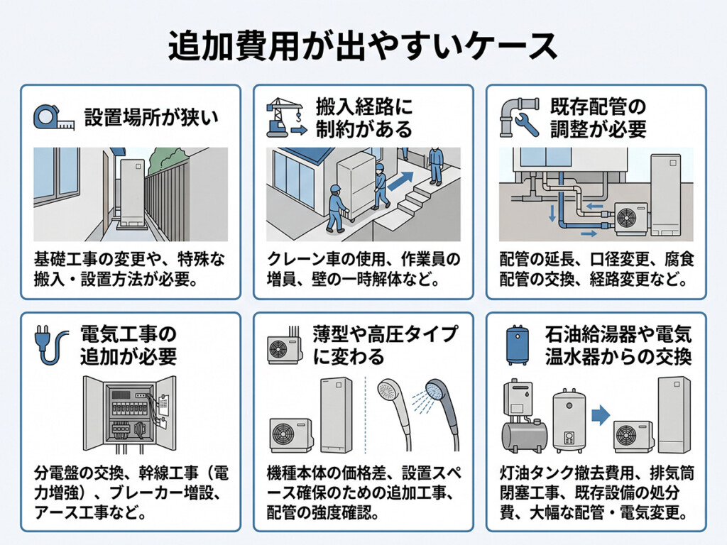エコキュート交換で追加費用が出やすいケースを整理した図解