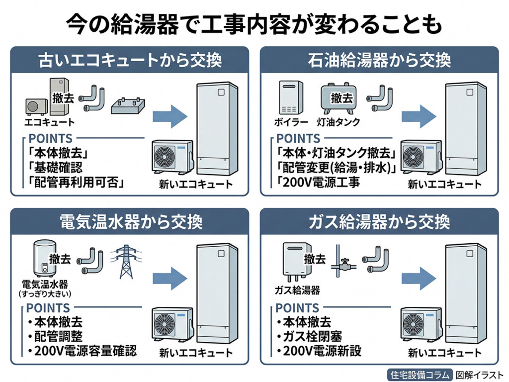 今使っている給湯器の種類によってエコキュート交換の工事内容が変わることを整理した図解