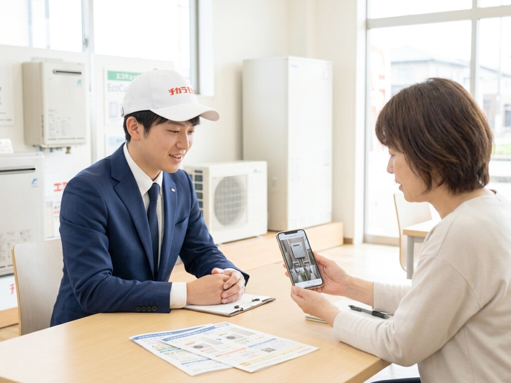 野々市市でエコキュート交換の相談前にスタッフと設置写真や型番を確認しているイメージ