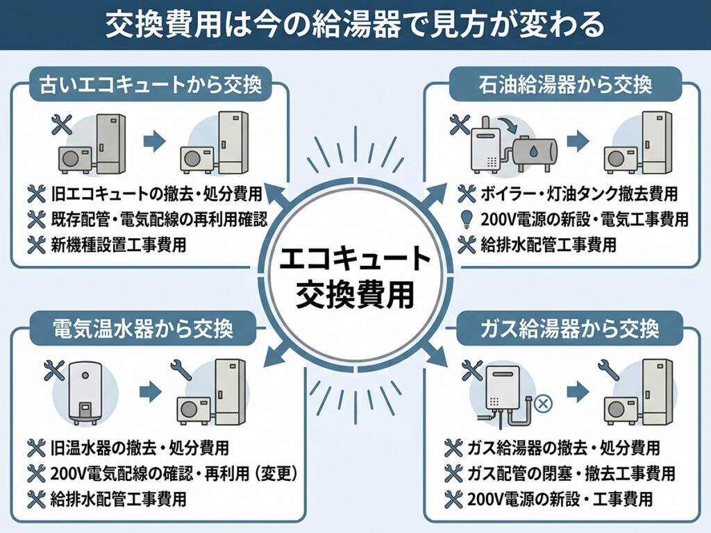 今の給湯器の種類によってエコキュート交換費用の見方が変わることを整理した図解