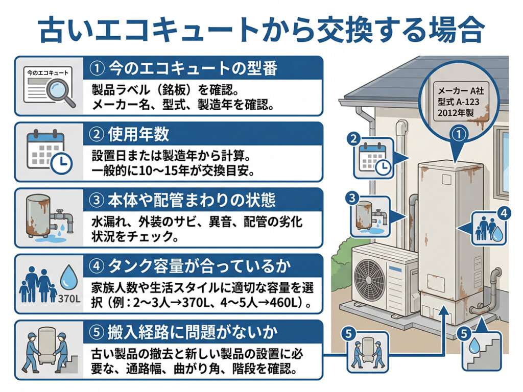 古いエコキュートから交換する時の確認ポイントを整理した図解