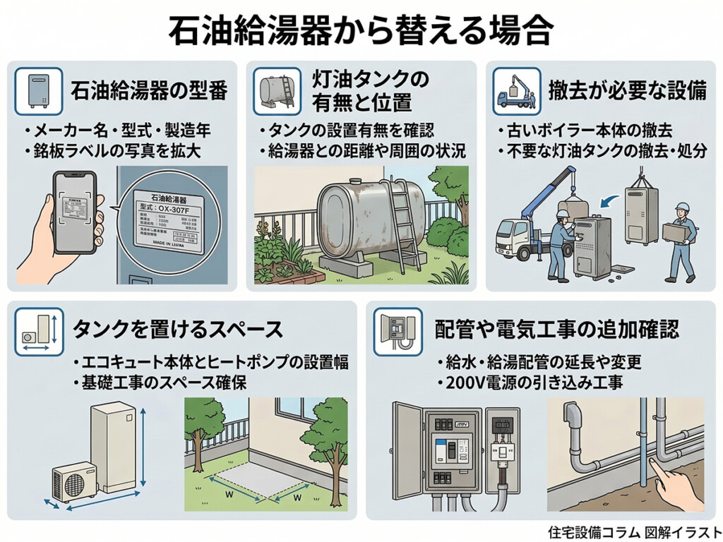 石油給湯器からエコキュートへ替える時に確認したいポイントを整理した図解