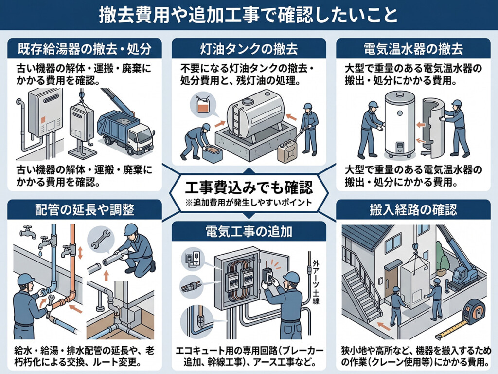 エコキュート交換で撤去費用や追加工事として確認したいことを整理した図解