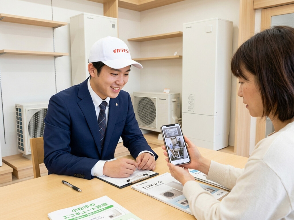 小松市でエコキュート交換の相談前にスタッフと型番や設置写真を確認しているイメージ