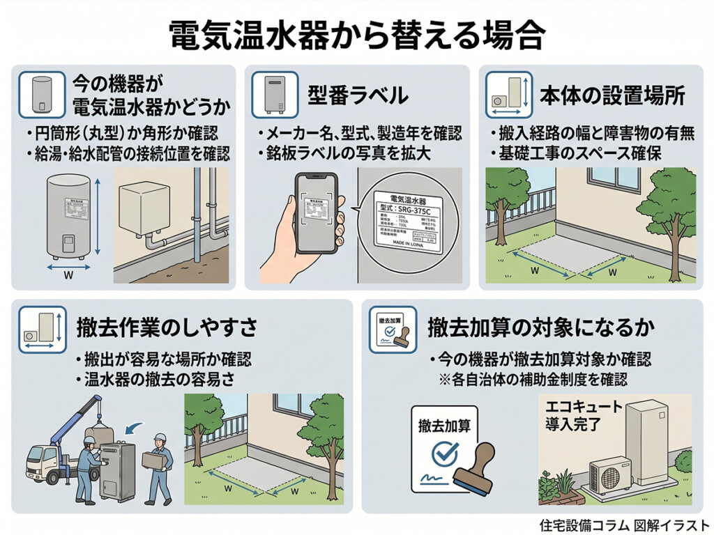 電気温水器からエコキュートへ替える時の確認ポイントを整理した図解