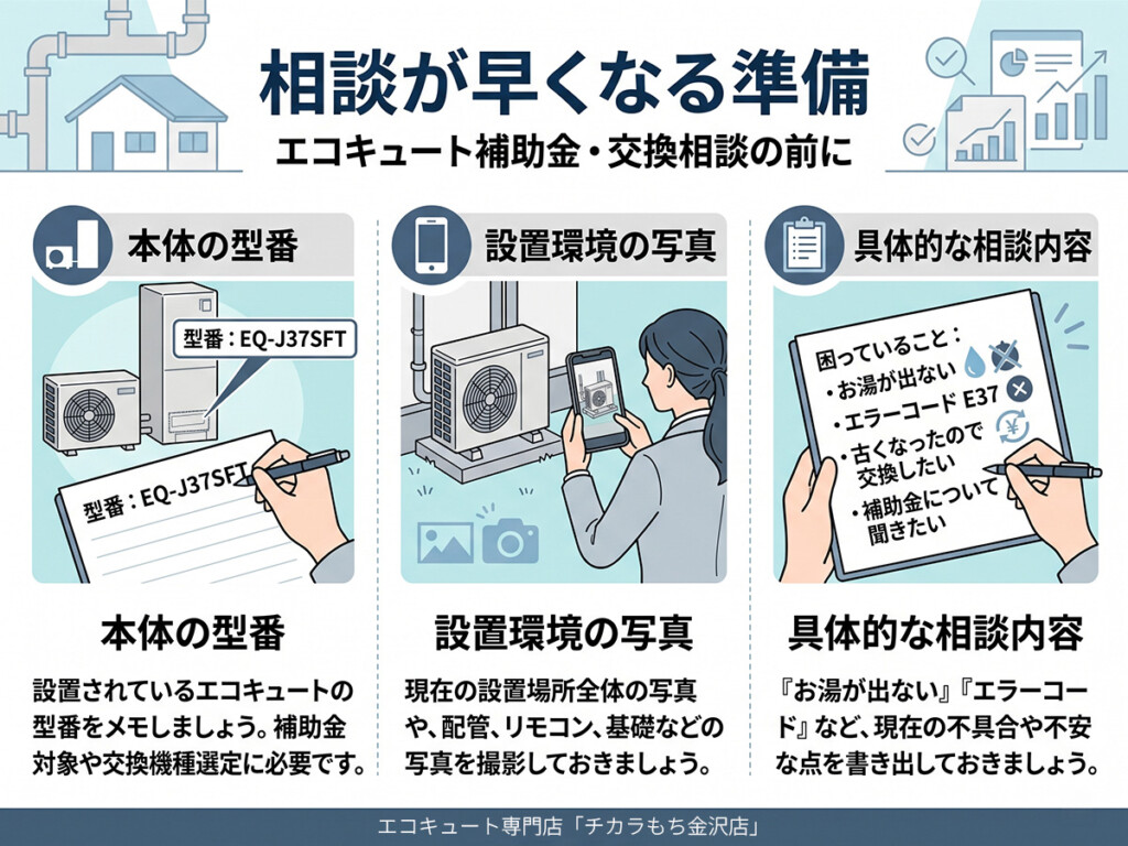 型番と設置写真を準備してエコキュート相談を進めるイメージ