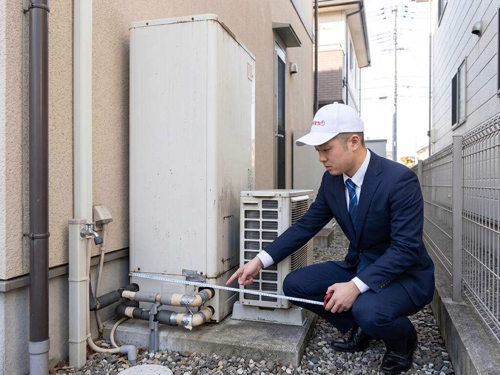 エコキュート交換前に設置場所や配管条件を確認しているイメージ