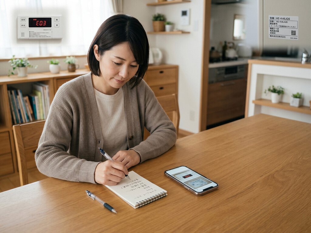 エコキュートの症状や型番を確認して相談準備をしているイメージ
