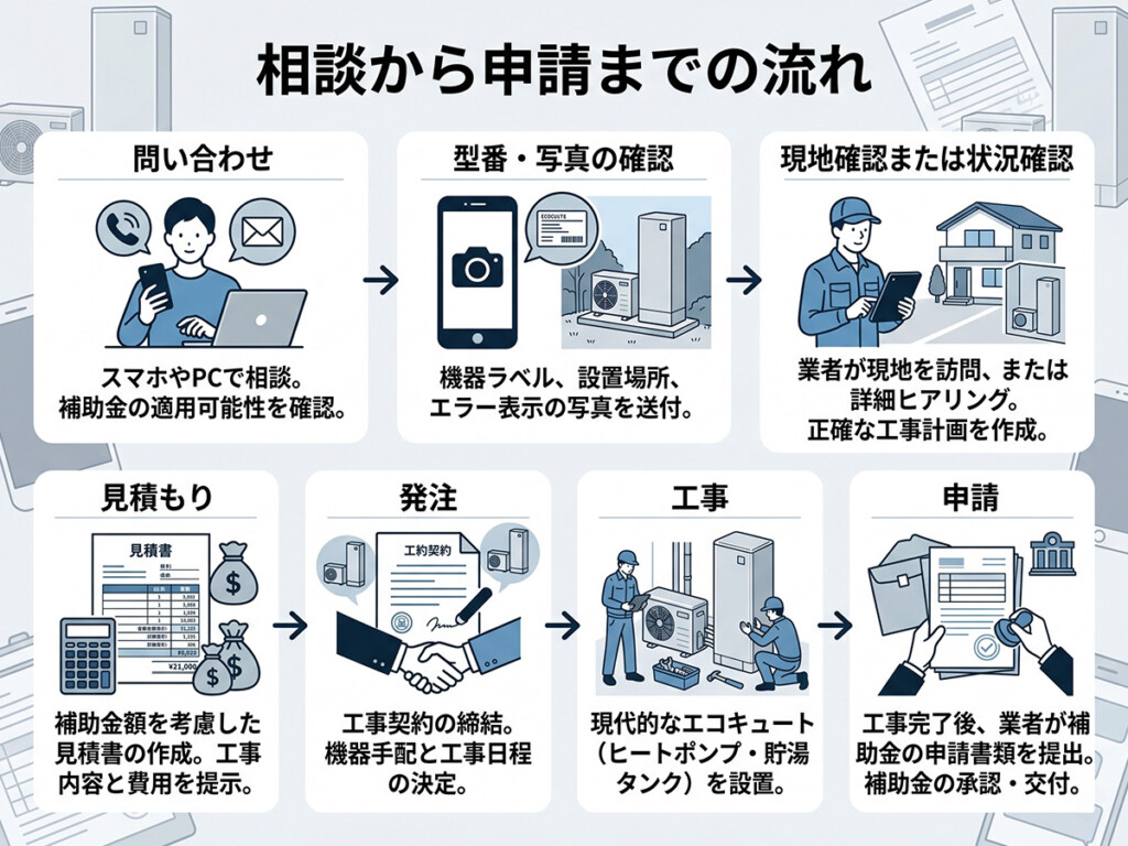 エコキュート補助金の相談から申請までの流れを整理した図解