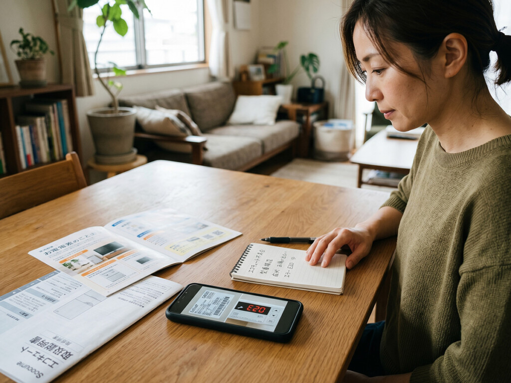 エコキュート補助金相談のために型番や写真を準備しているイメージ