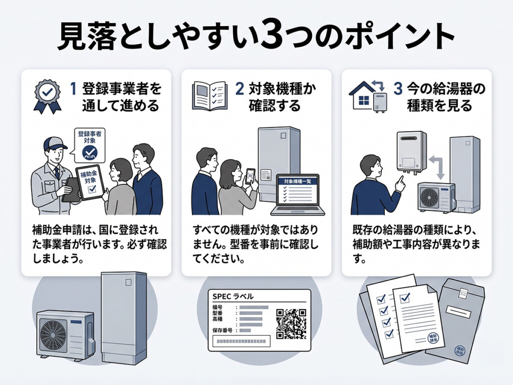 エコキュート補助金で見落としやすい3つのポイントを整理した図解