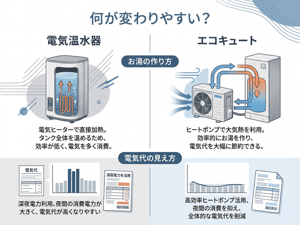 電気温水器とエコキュートの違いを仕組みと電気代の見え方で比較した図解