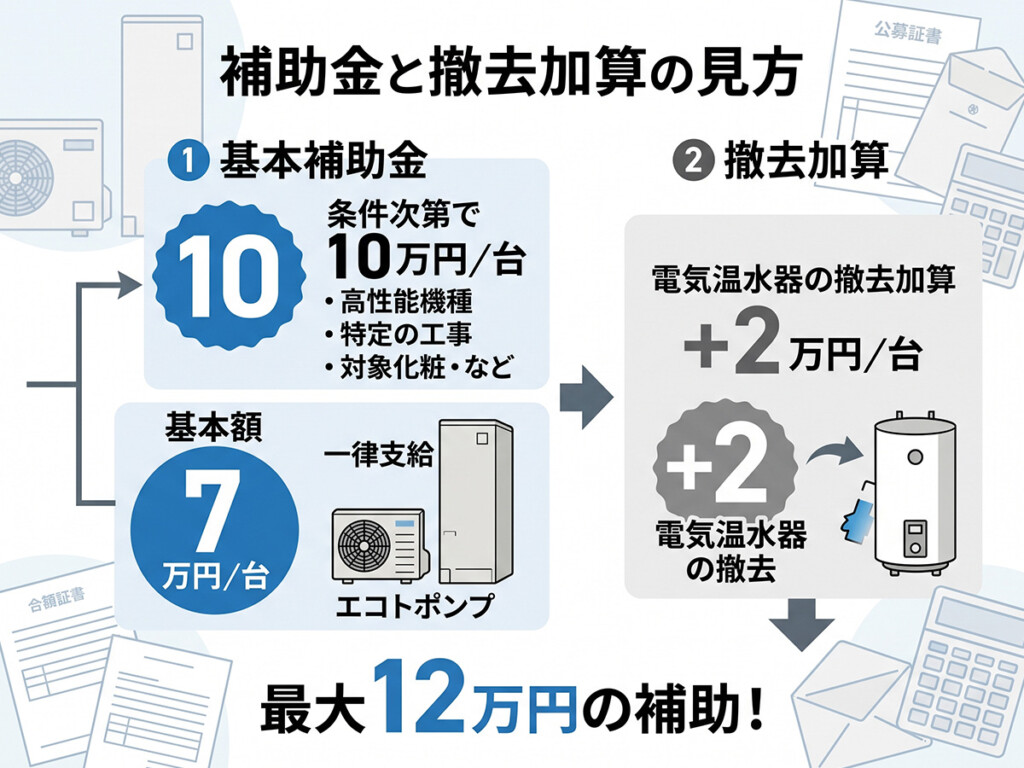 電気温水器からエコキュートへ交換する時の補助金と撤去加算を整理した図解