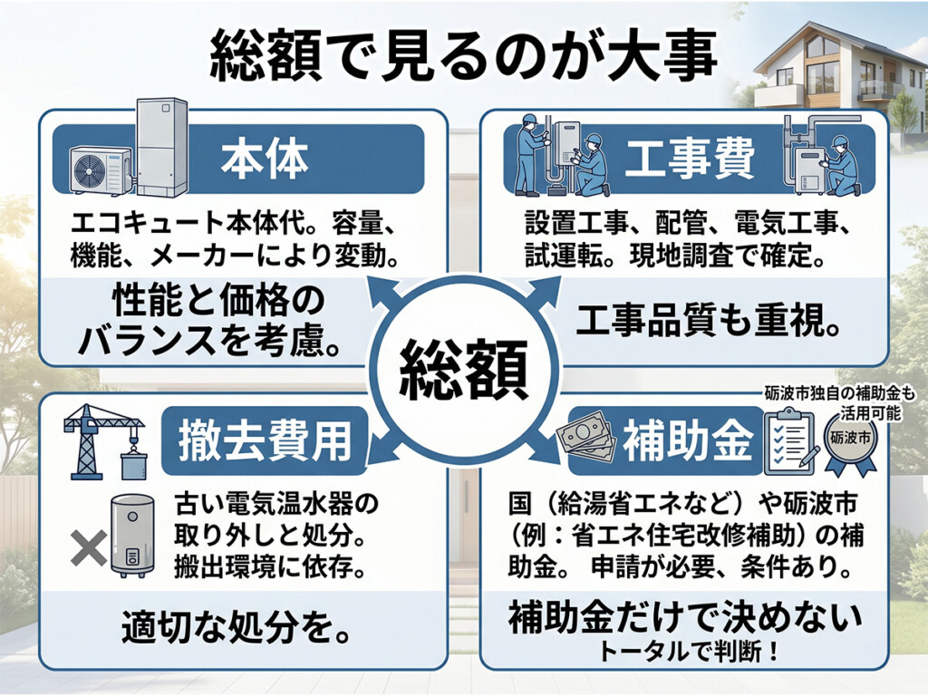 電気温水器からエコキュートへ交換する時の補助金と撤去加算を整理した図解