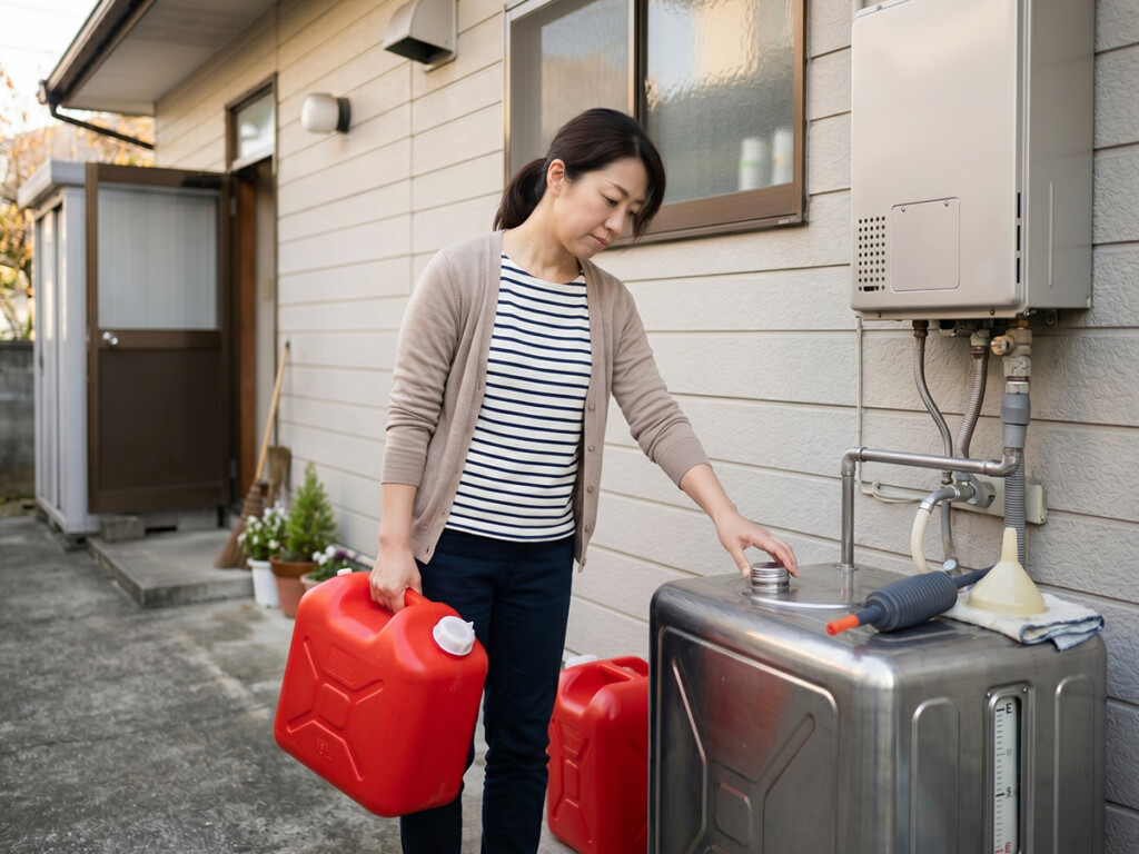 石油給湯器の灯油補充や残量確認の手間を感じるイメージ