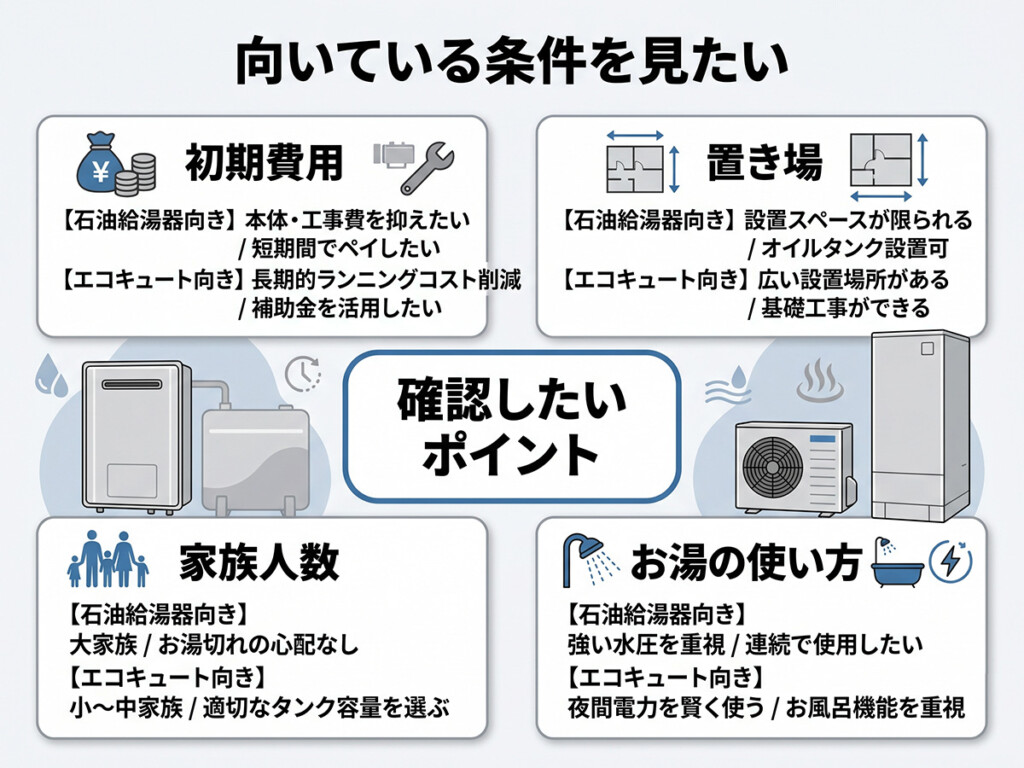 石油給湯器とエコキュートを選ぶ時に確認したいポイントを整理した図解