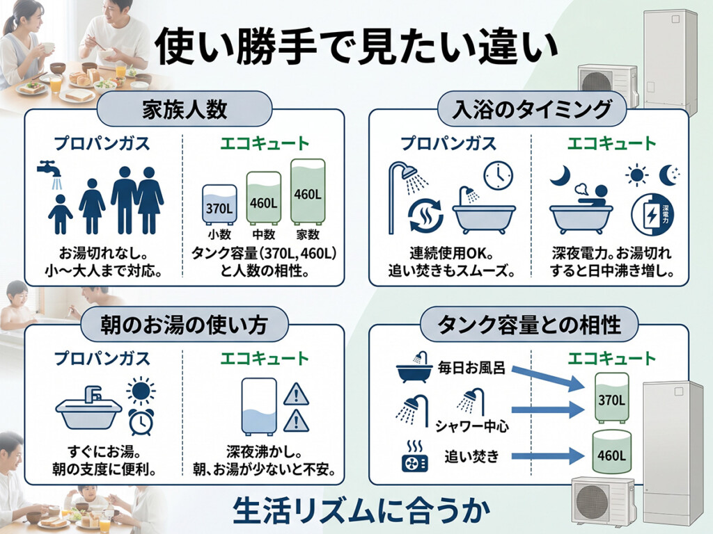 プロパンガス給湯器とエコキュートの使い勝手の違いを生活リズムの視点で整理した図解