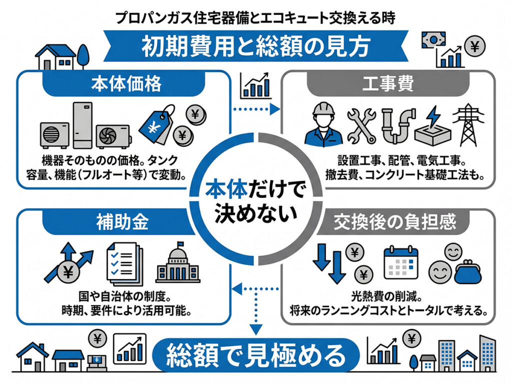 プロパンガス給湯器からエコキュートへ交換する時の初期費用と総額の見方を整理した図解