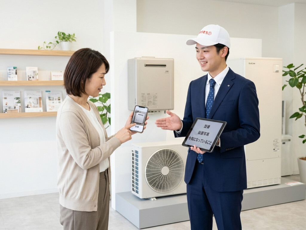 プロパンガス給湯器からエコキュートへの交換前に準備したいことをスタッフが案内しているイメージ