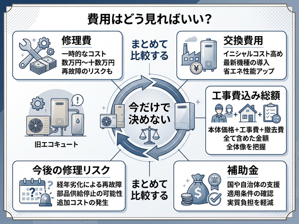 古いエコキュートを修理するか交換するか考える時の費用の見方を整理した図解