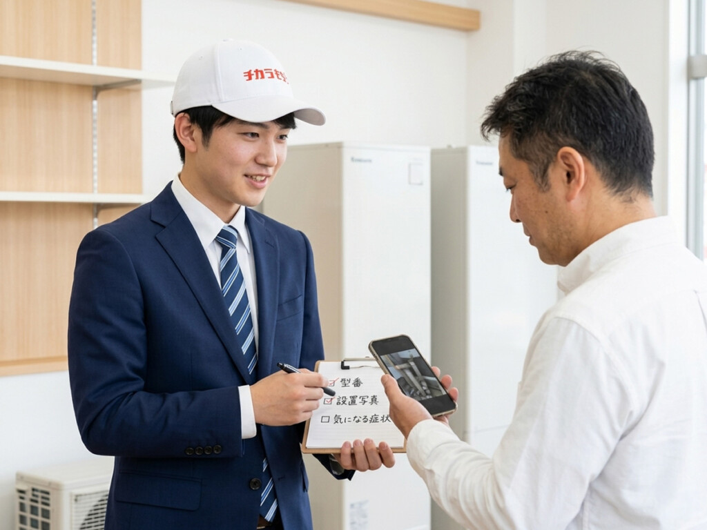 古いエコキュートを見直す前に準備したいことをスタッフが案内しているイメージ