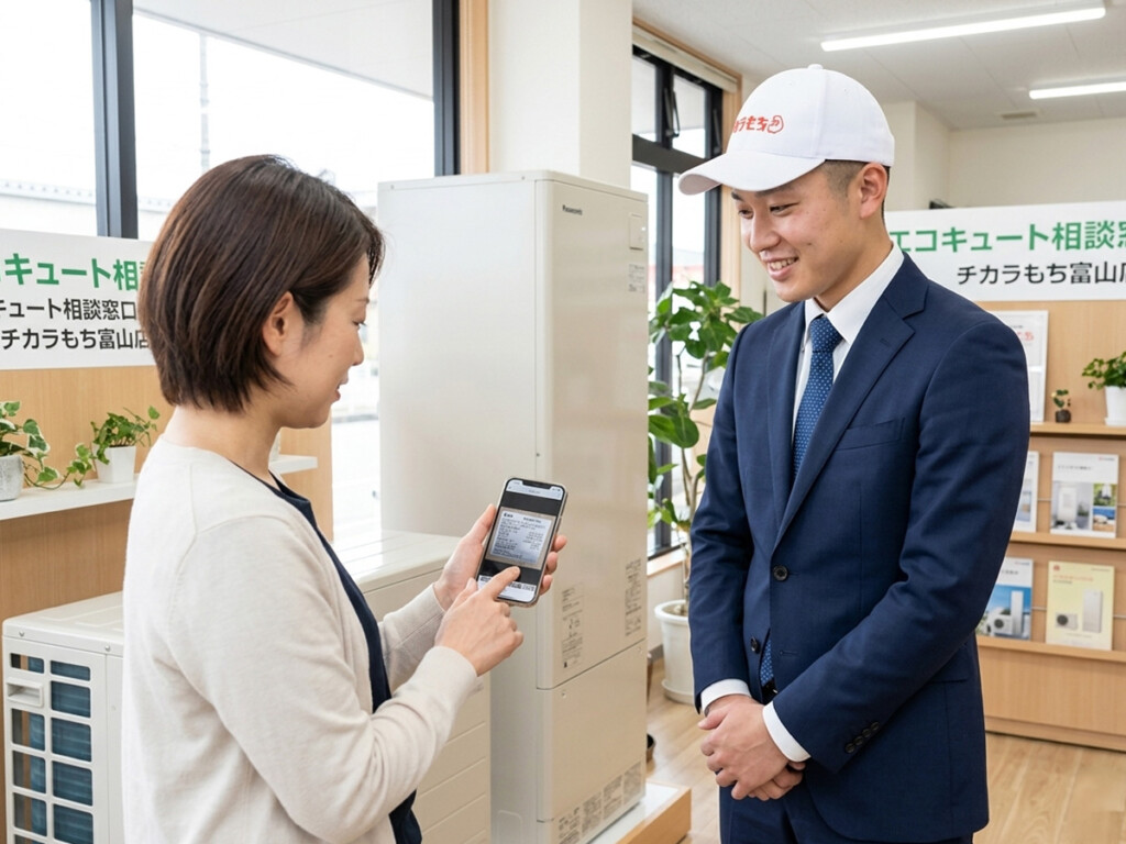 エコキュートの寿命や交換時期を相談する前にスタッフと準備内容を確認しているイメージ