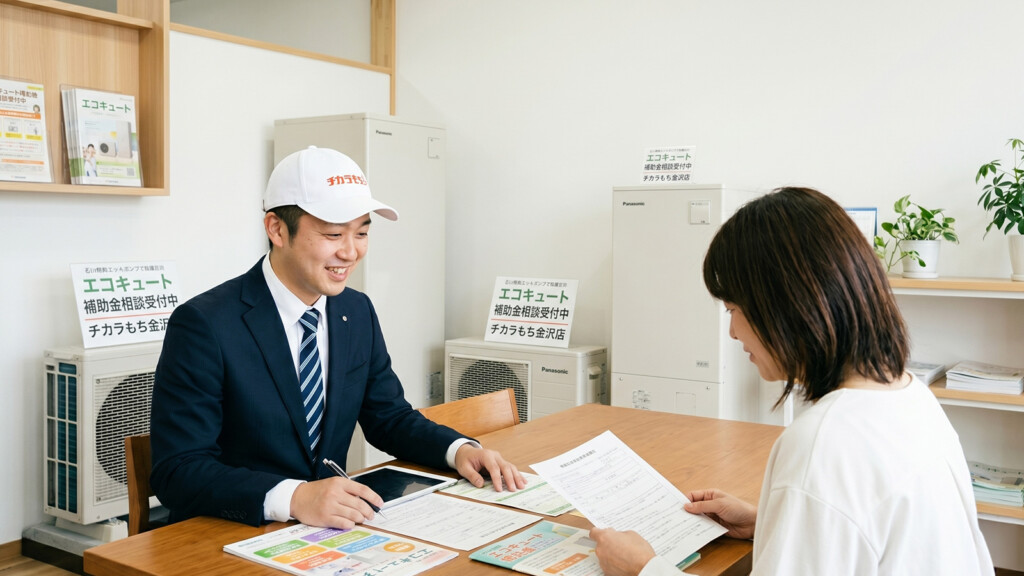 石川県でエコキュート補助金の相談をするスタッフと来店客のイメージ