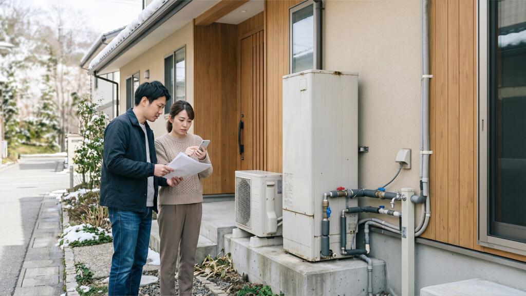 金沢市でエコキュート交換の費用相場や工事費込み価格を考えている記事用のアイキャッチ画像。日本の戸建て住宅の屋外、家の側面や勝手口まわりのような自然な設置スペースで、日本人の大人1名または夫婦が、今ある給湯器の設置場所や交換予定スペースを見ながら費用を気にしている場面。人物は手に見積書やメモ、スマートフォンのいずれかを持っていてもよいが、主役は資料ではなく「設置場所を見ながら、工事費込みでどれくらいかかるのか考えている空気」。背景は清潔感のある住宅外観。雪景色を強く主役にしない。スタッフは登場させない。古い円筒の電気温水器を強調しない。エコキュート交換費用の記事らしく、設置条件や工事のイメージが伝わる構図にする。文字なし。高品質、実写寄り、16:9。住宅設備コラム向けで、一覧でも他の記事と見分けがつく構図。